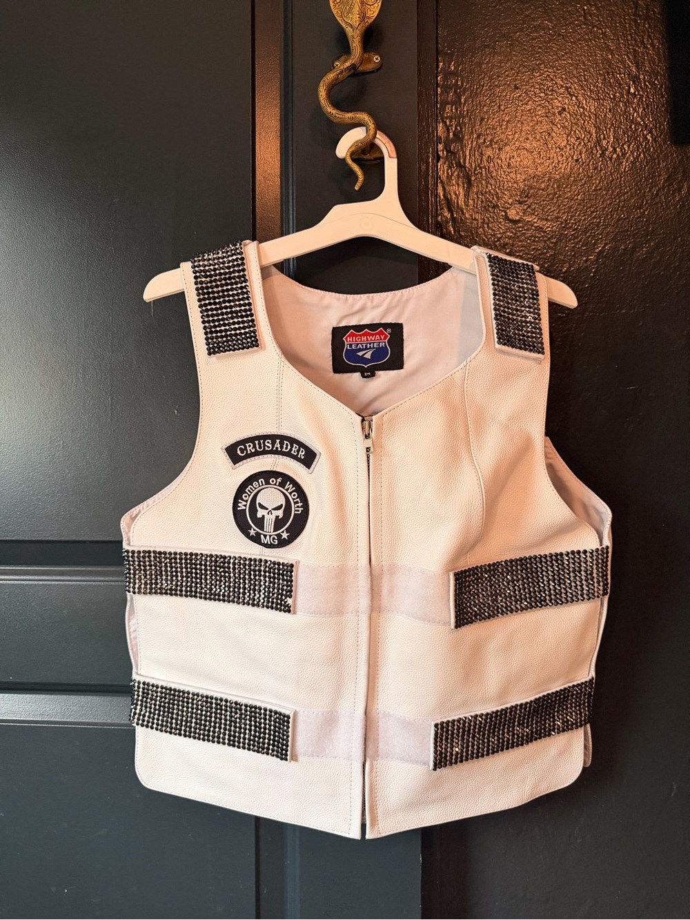 Crusader White Studded motorcycle Vest Jacket -